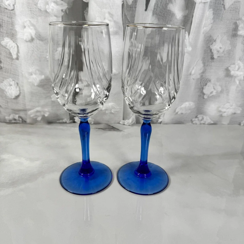 Lenox Swag Drape Cobalt Blue‎ Stem Wine Glass Goblet Set of 2 Gold Rim